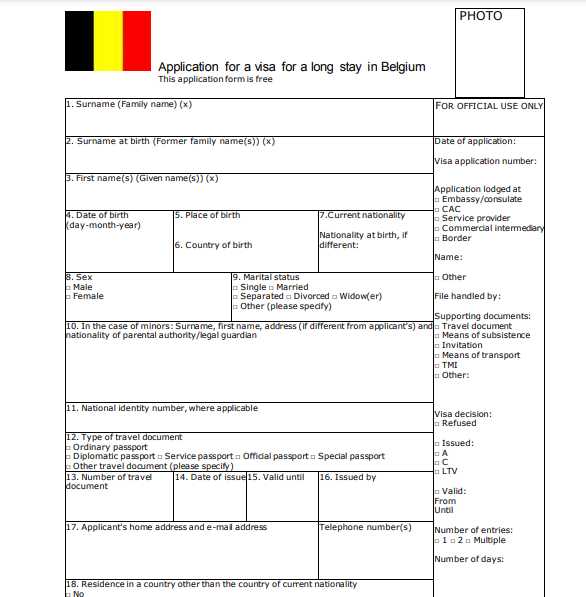 Belçika Ulusal Vize Başvuru Formu Örneği